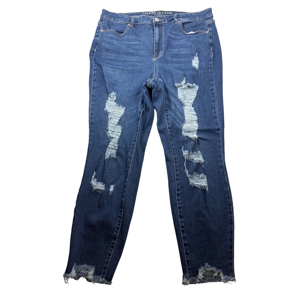 Fashion To Figure Size 20 Distressed Skinny‎ Jeans Blue High Rise Frayed Hem